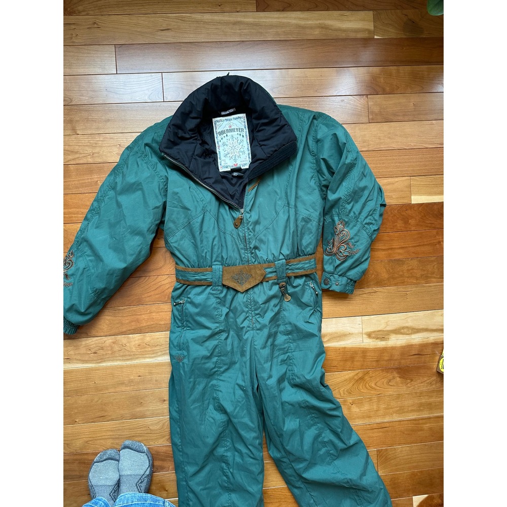 Vintage Obermeyer Womens Teal Green Embroidered One Piece Ski Suit Belted Retro